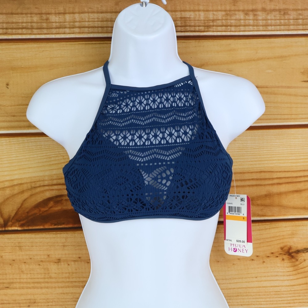 Hula Honey Halter Bikini Top Swimsuit Womens S Blue Floral Adjustable Straps NWT